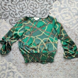 Michael Kors Ruched Chain Print Top Green Gold P
